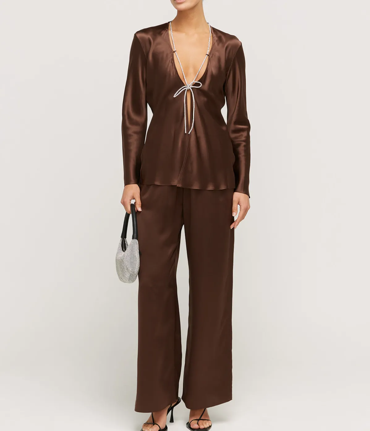 Bias Silk Satin Lounge Shirt In Brown