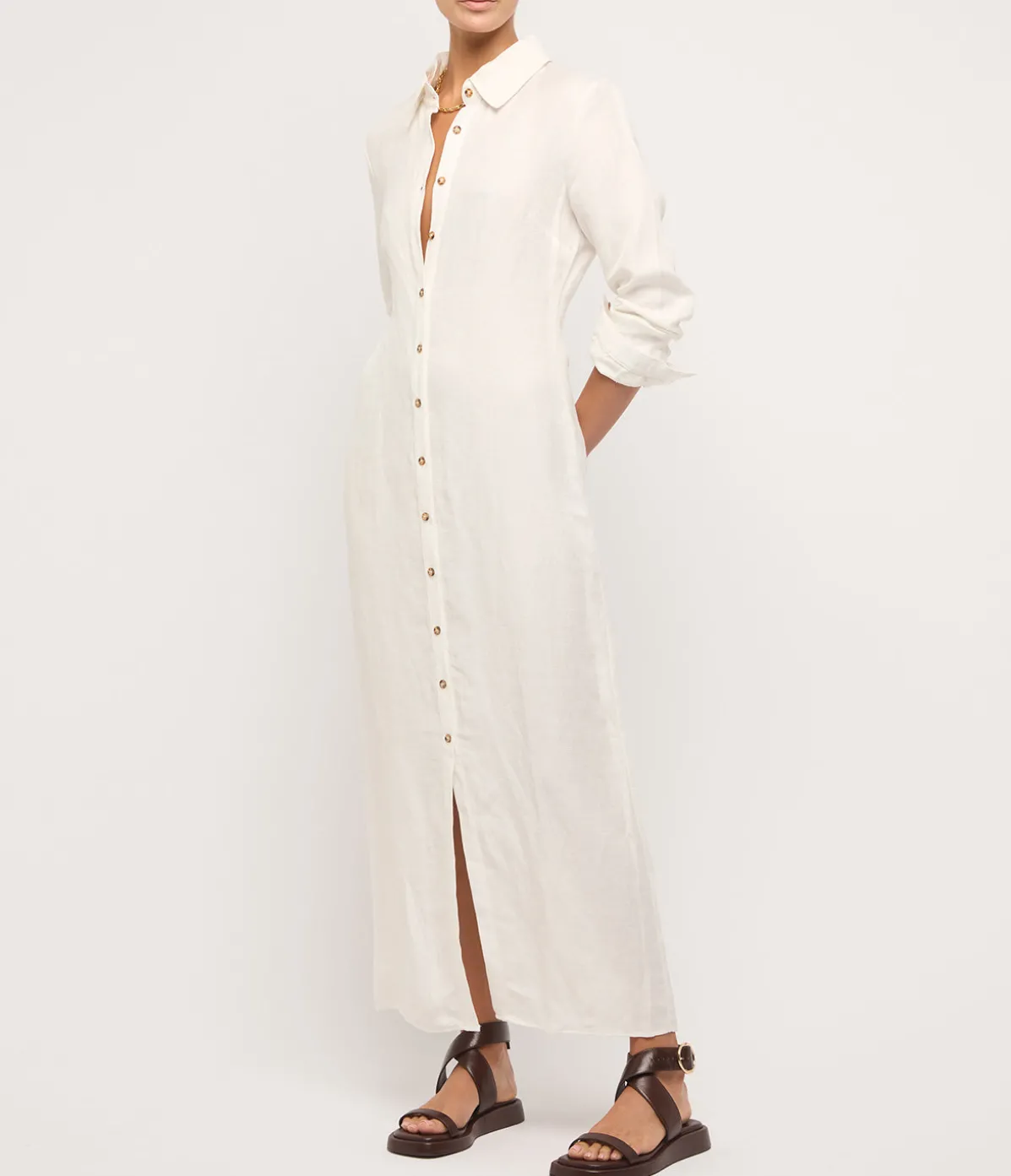 Button Down Cupro Maxi Shirt Dress In White