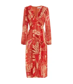 Camellia Silk Longsleeve Dress In Butterfly Red