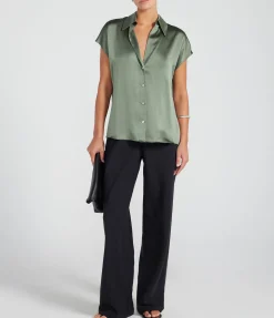 Cap Sleeve Ruched Blouse In Sea Fern