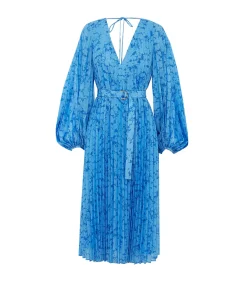 Clockhall Pleated Midi Dress In Blue Iris Print