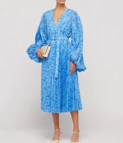 Clockhall Pleated Midi Dress In Blue Iris Print