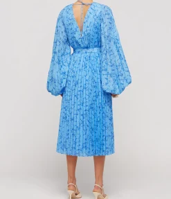 Clockhall Pleated Midi Dress In Blue Iris Print