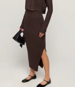 Cotton Cashmere Ribbed Skirt In Chocolate