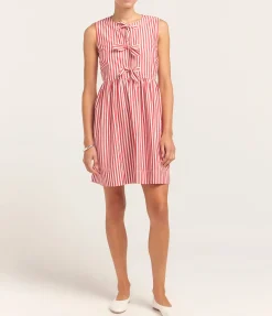 Cotton Mini Bow Tie Dress In Red And White Stripe