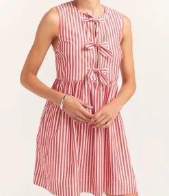 Cotton Mini Bow Tie Dress In Red And White Stripe