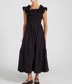 Cotton Poplin Long Smock Dress In Black