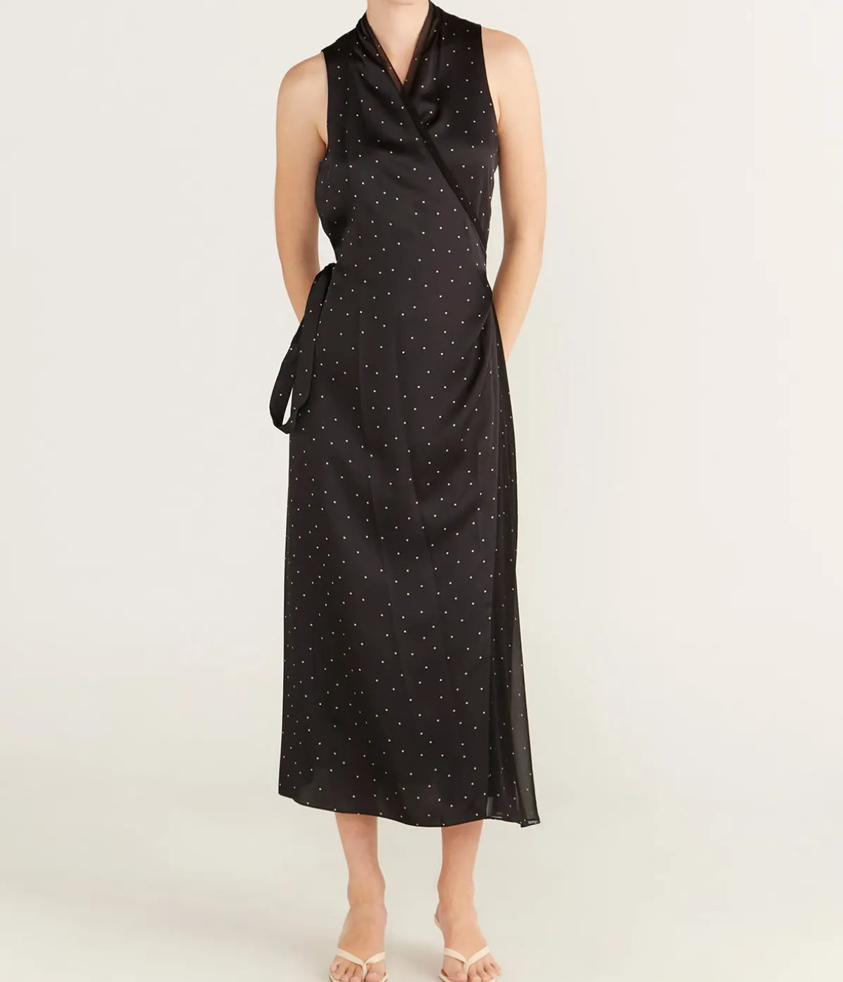 Dot Wrap Dress With Panelled Chiffon In Black