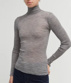 Doudo Thin Ribbed Turtle Neck Top In Grey Melange