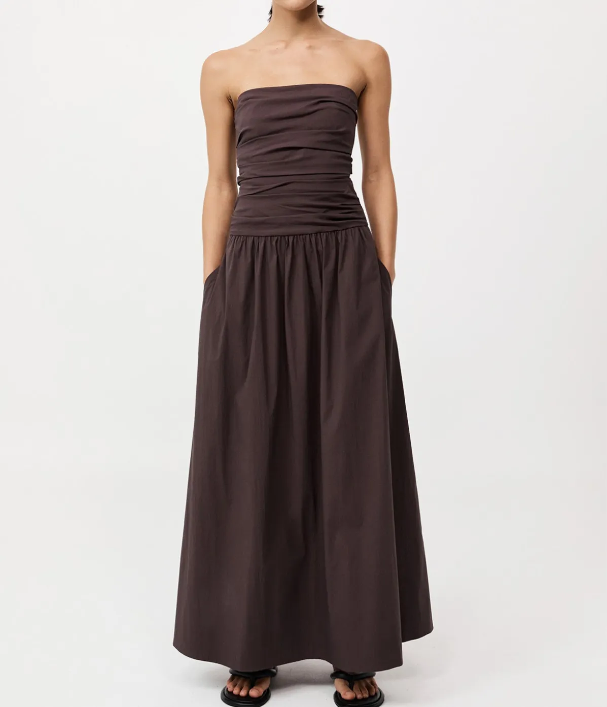 Gathered Strapless Tie Back Dress In Chocolate Plum