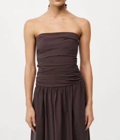 Gathered Strapless Tie Back Dress In Chocolate Plum