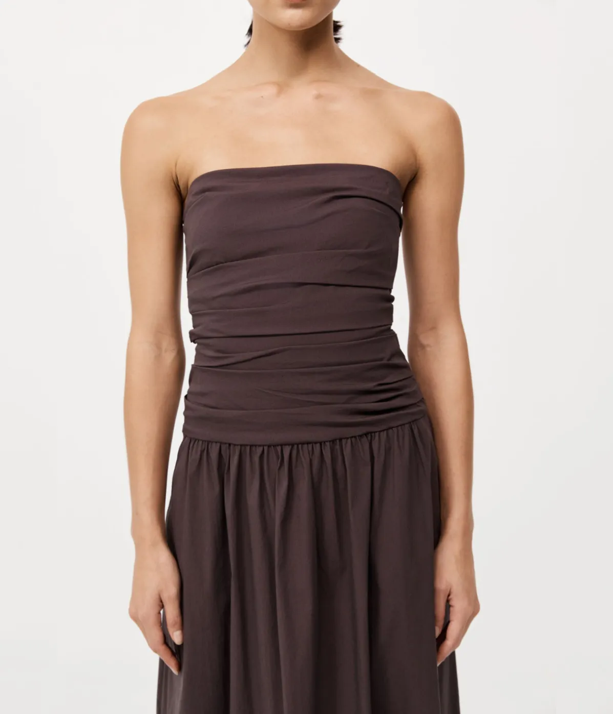 Gathered Strapless Tie Back Dress In Chocolate Plum