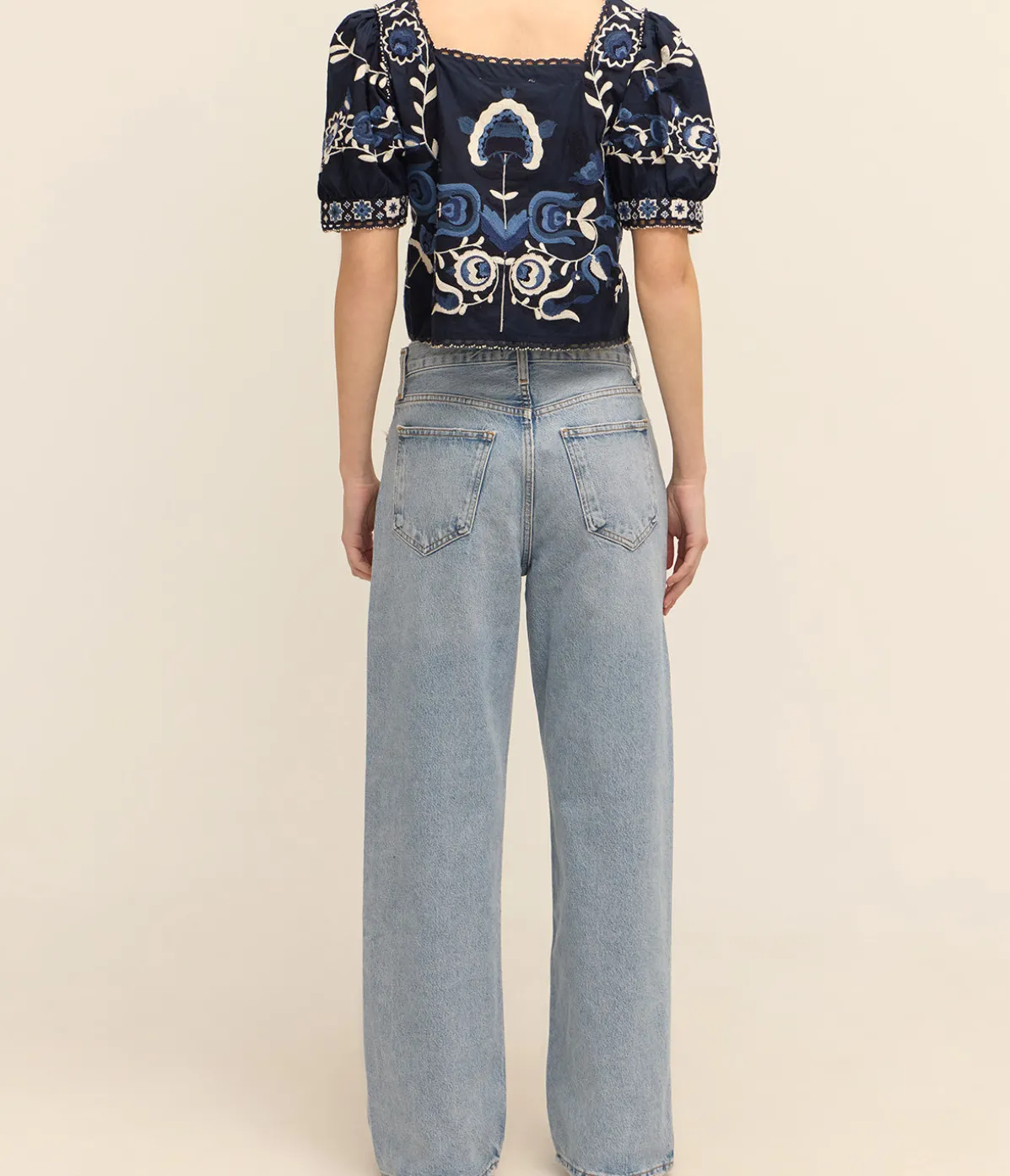 Inga Embroidery Puff Sleeve Top In Navy