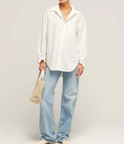 Kayla Shirt In White And Brown Stripe