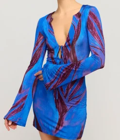 Long Sleeve Mini Kaftan Dress In Violet Flower