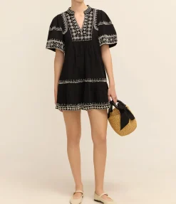 Millie Embroidery Short Sleeve Tunic Dress In Black