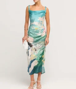 Rachel Cowl Neck Slip Dress In Seagrass Neptune Print