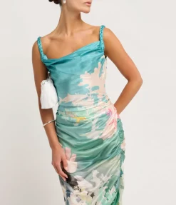 Rachel Cowl Neck Slip Dress In Seagrass Neptune Print