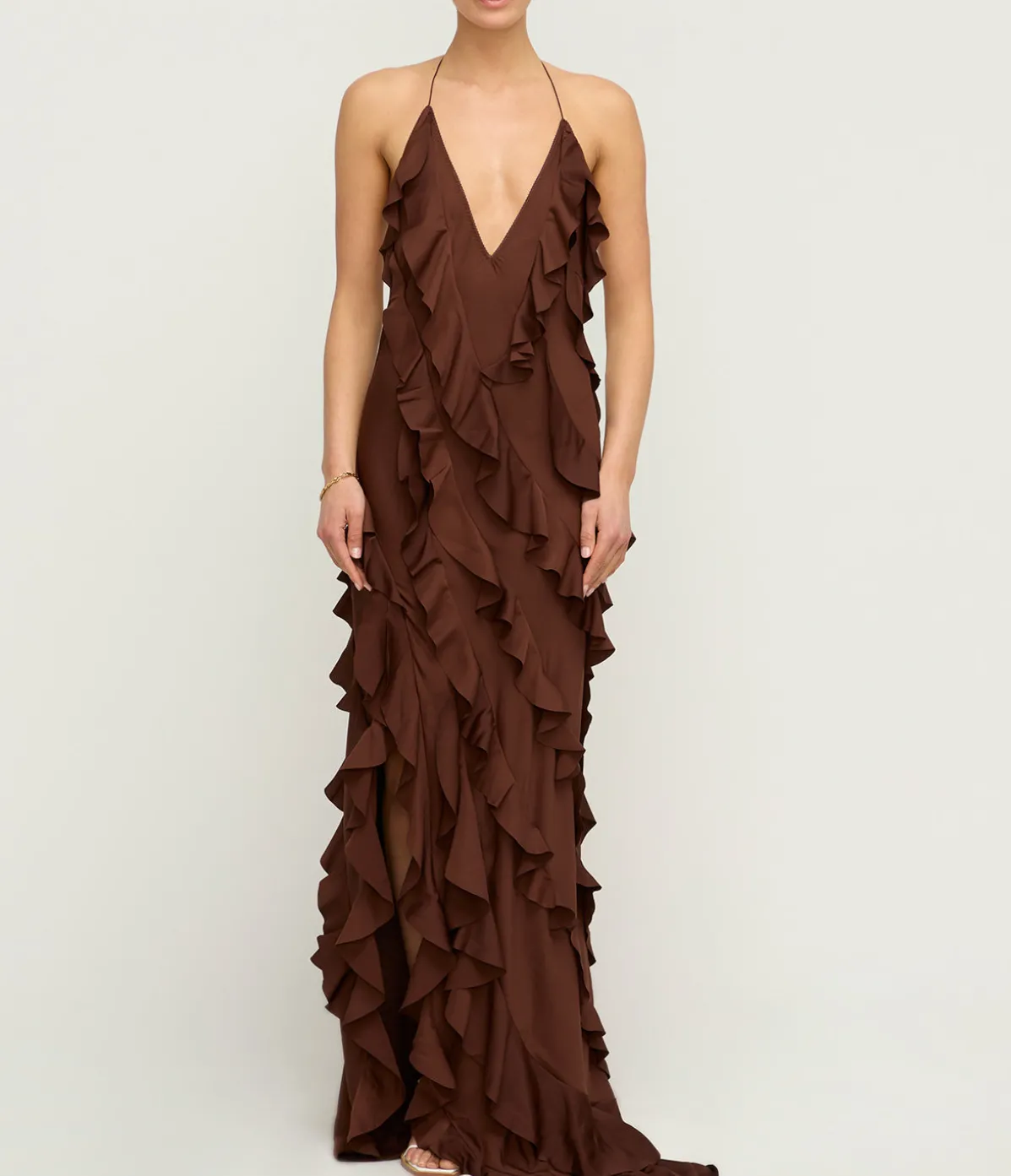 Renata Ruffle Maxi Dress In Brown