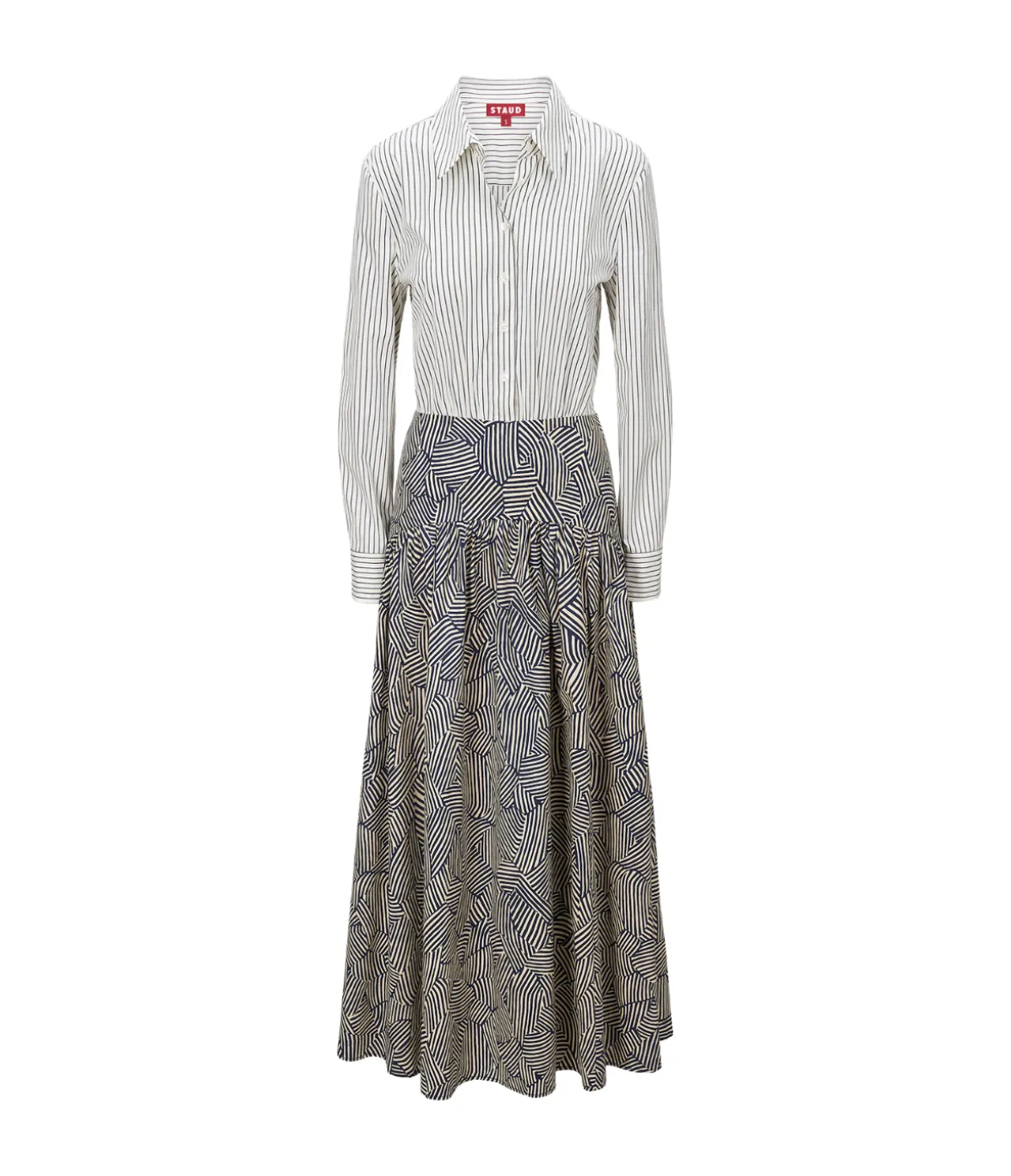 Rocco Long Sleeve Dress In Ivory Micro Stripe And Navy Mosaic
