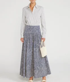 Rocco Long Sleeve Dress In Ivory Micro Stripe And Navy Mosaic