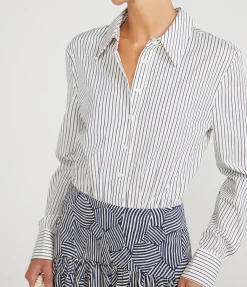 Rocco Long Sleeve Dress In Ivory Micro Stripe And Navy Mosaic