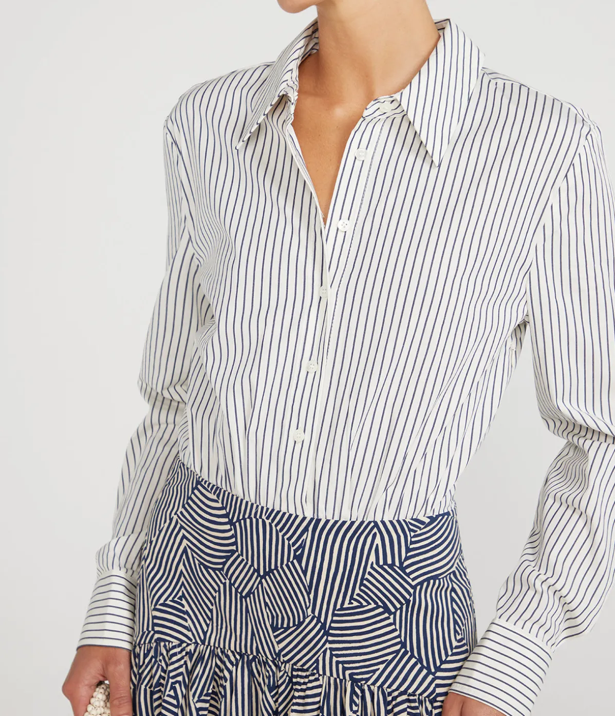 Rocco Long Sleeve Dress In Ivory Micro Stripe And Navy Mosaic