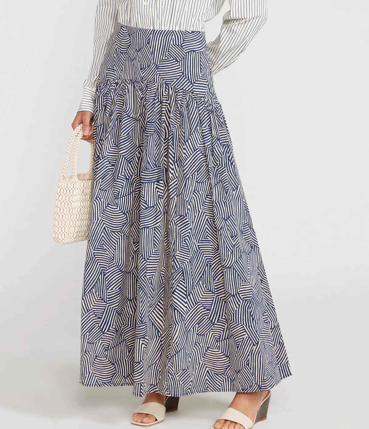Rocco Long Sleeve Dress In Ivory Micro Stripe And Navy Mosaic