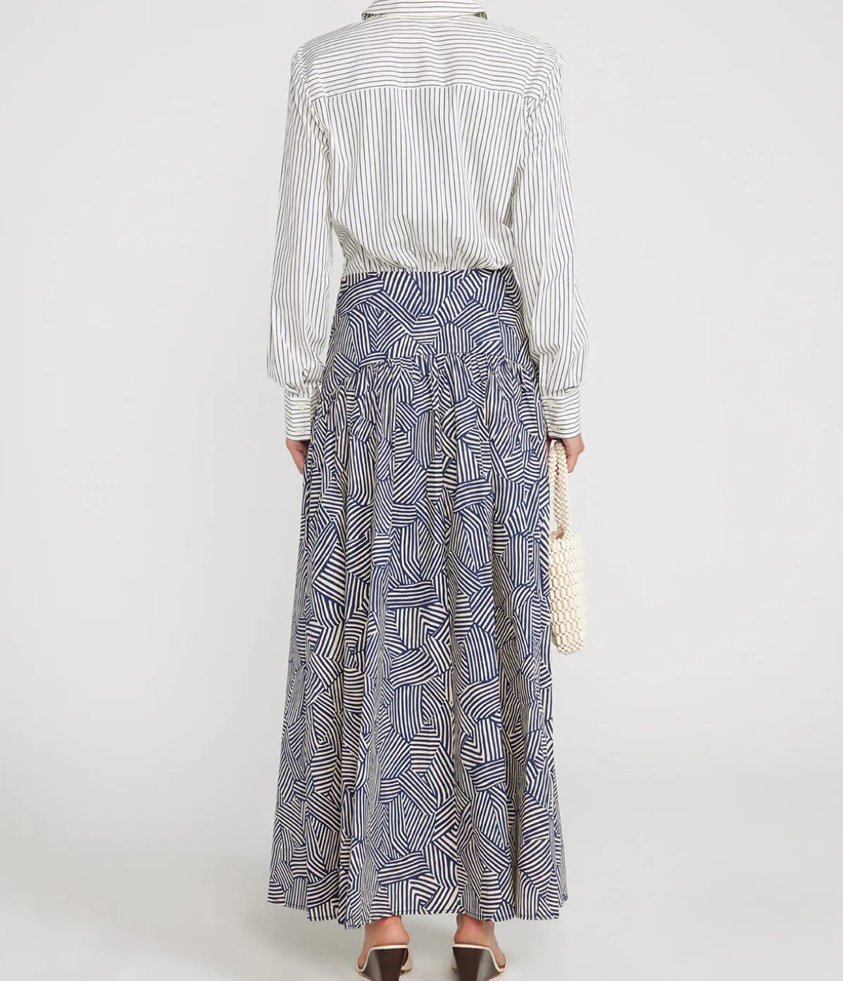 Rocco Long Sleeve Dress In Ivory Micro Stripe And Navy Mosaic