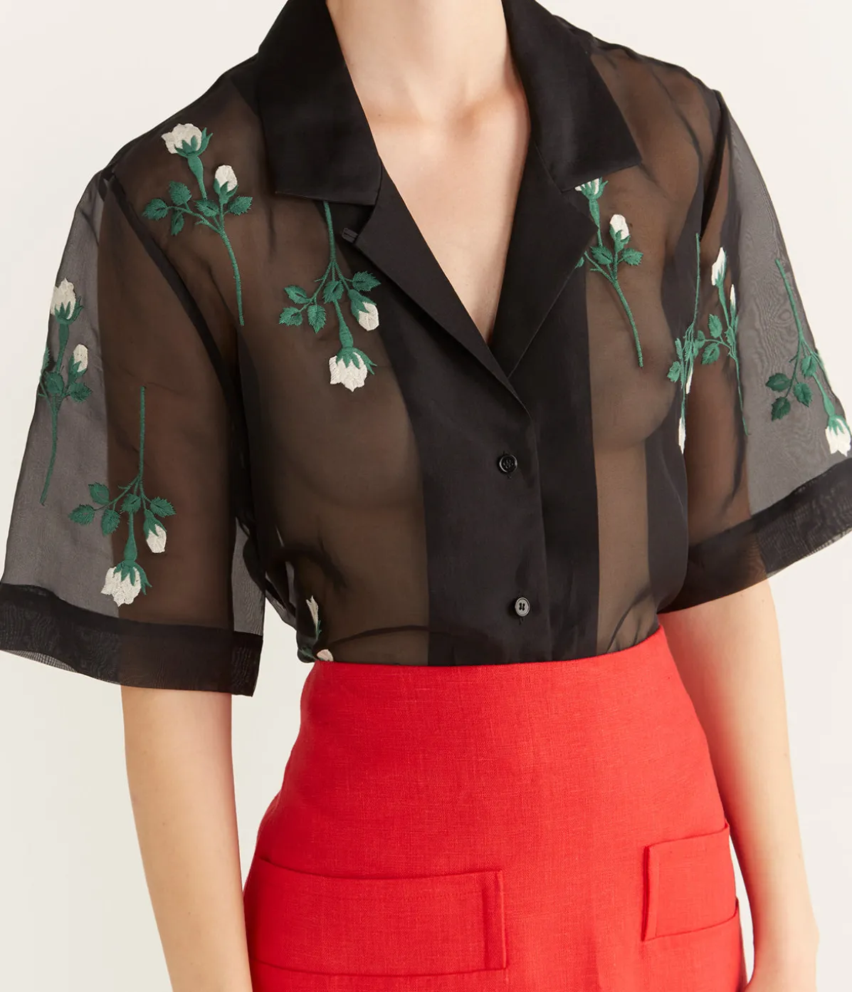 Rosebud Embroidery Camp Shirt In Black