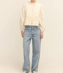 Sabine Embroidery Long Sleeve Top In Cream