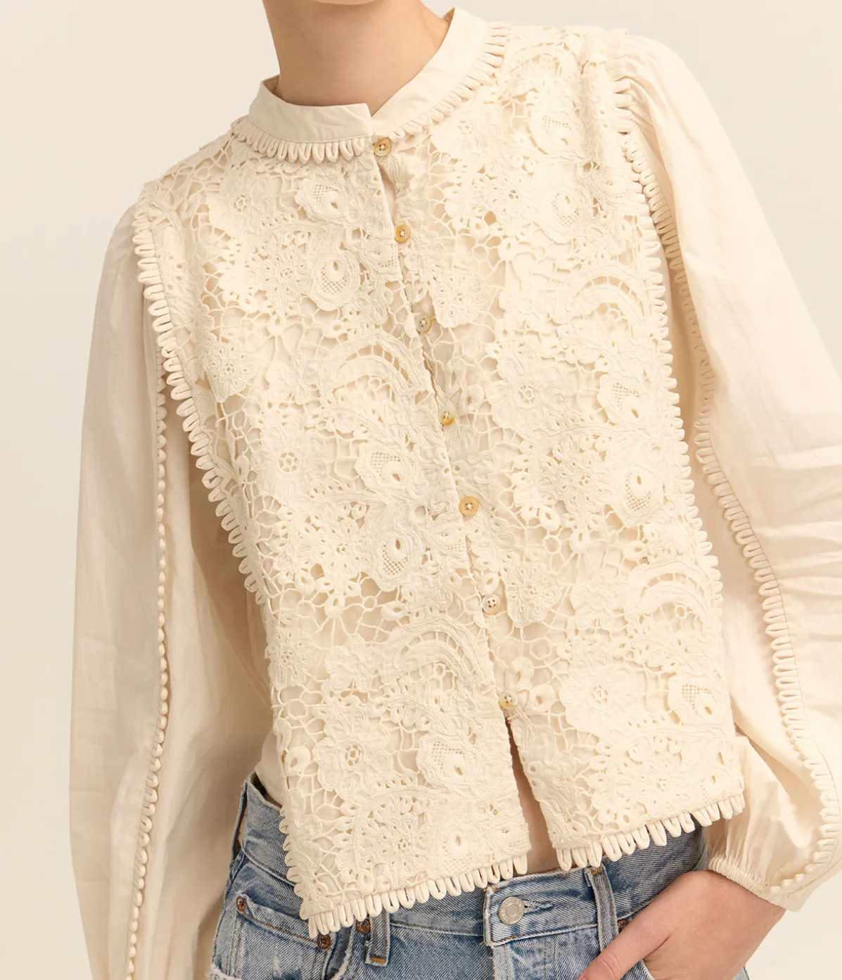 Sabine Embroidery Long Sleeve Top In Cream