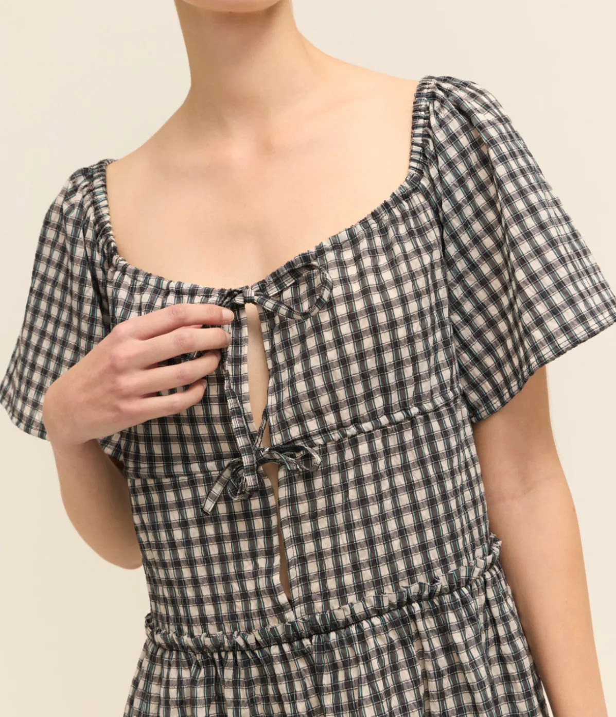 Seersucker Mini Dress In Black And White Check