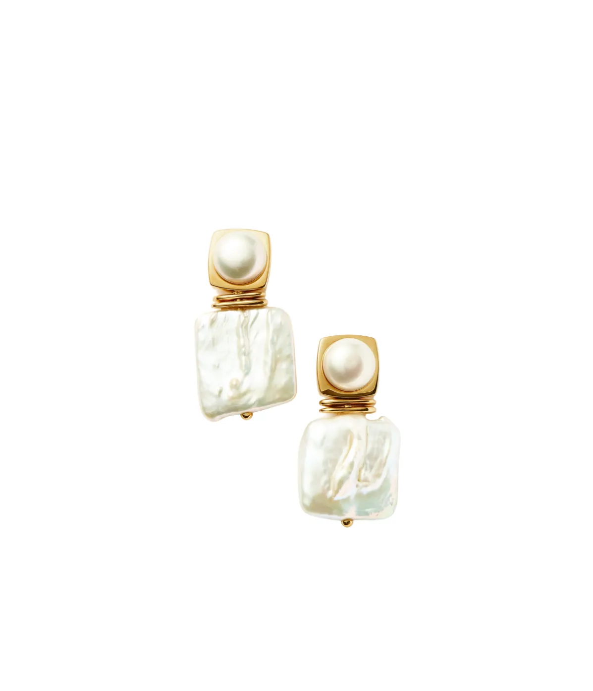Square Button Pearl Small Hoop Earrings In Gold