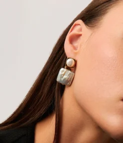 Square Button Pearl Small Hoop Earrings In Gold