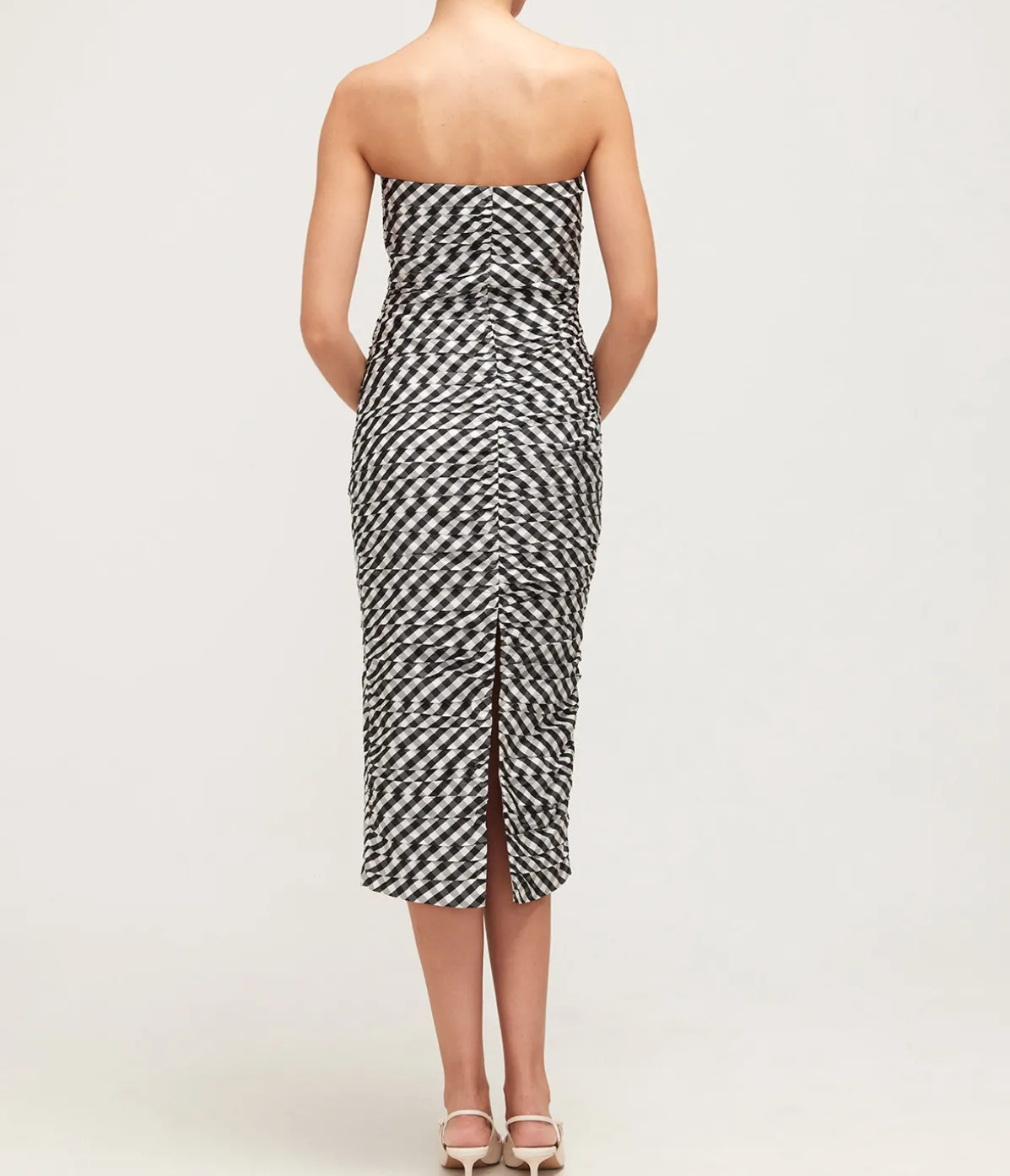 Tia Fitted Strapless Midi Dress In Black Gingham