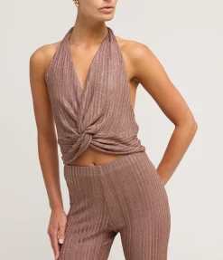 Twist Front Knit Top In Metallic Toffee
