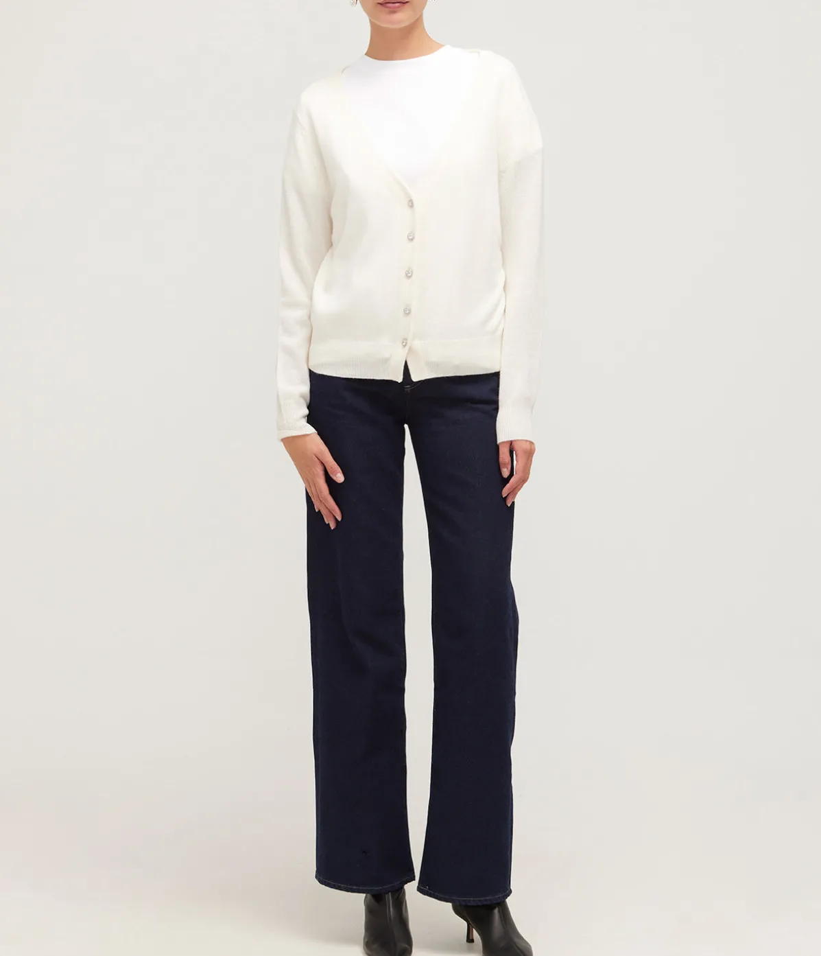 V-Neck Dimante Button Down Cardigan In Ivory