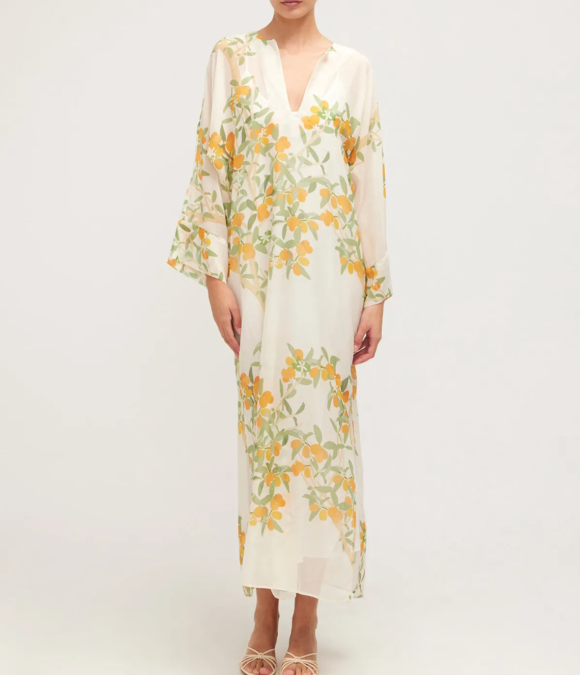 V-Neck Maxi Kaftan Dress In Ivory Kumquat