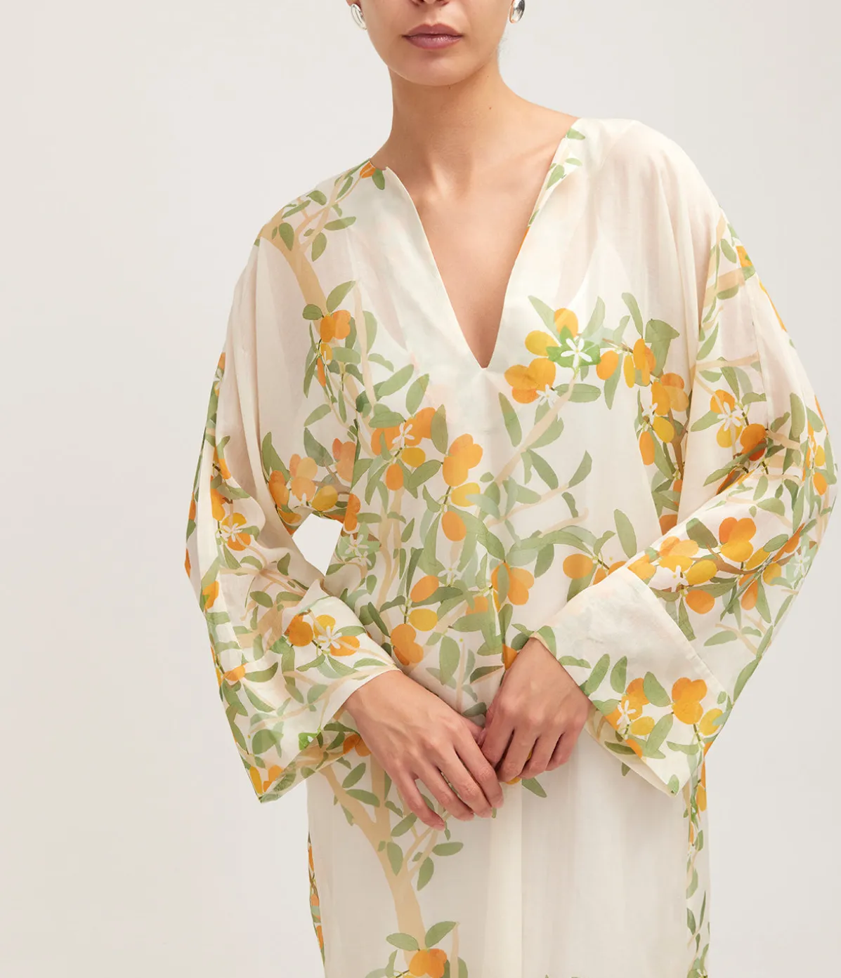 V-Neck Maxi Kaftan Dress In Ivory Kumquat