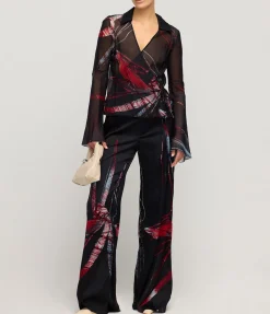 Wide Leg Silk Satin Pant In Red Silver Flower