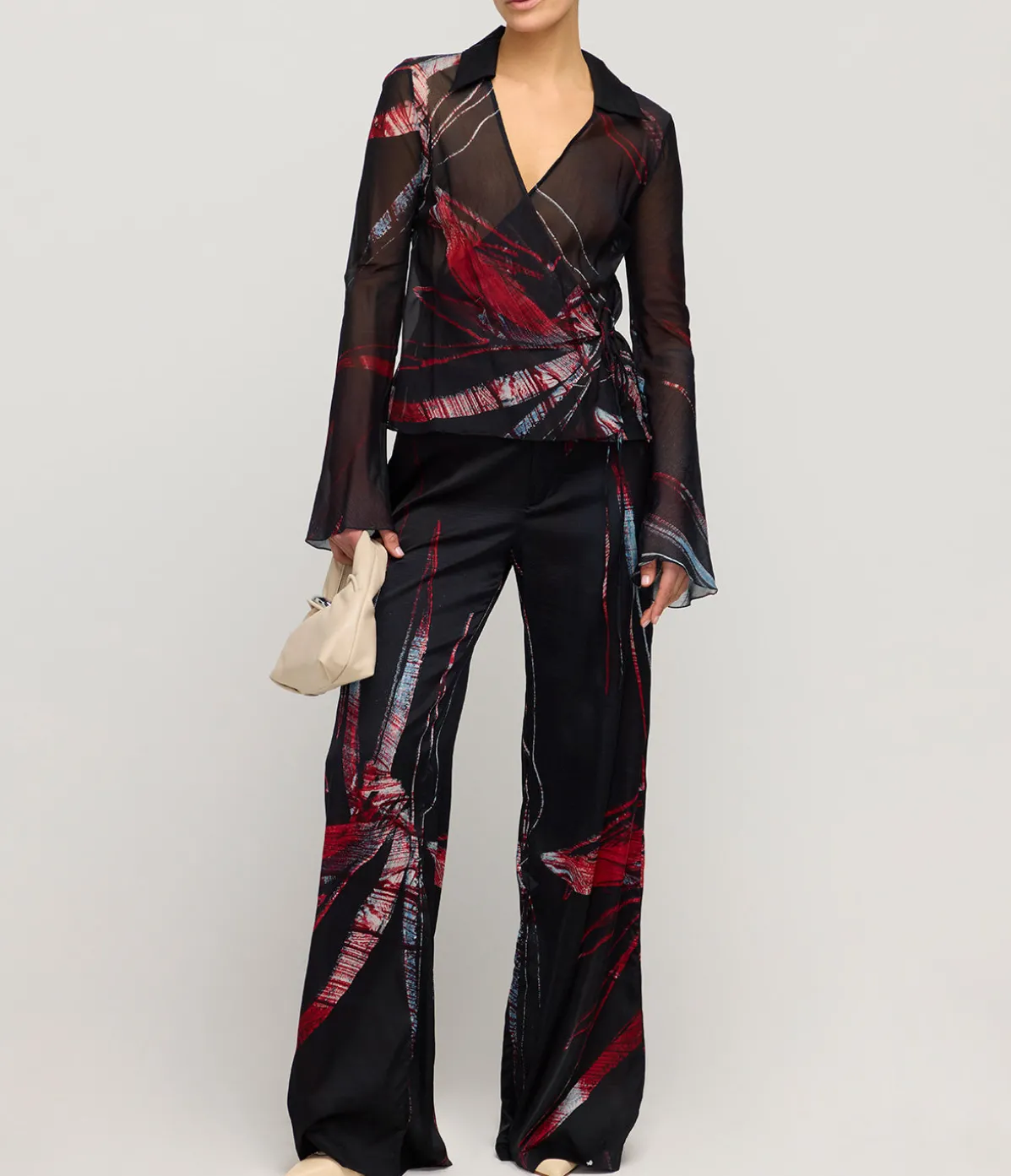 Wrap Silk Shirt In Red Silver Flower